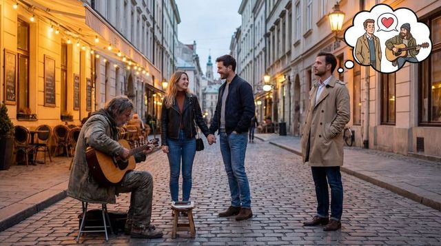 Couple holding hands on cobblestone street at dusk with busker guitarist and thought bubble