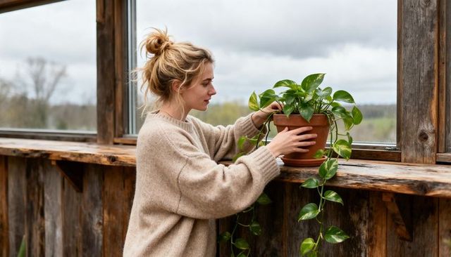 Young woman tending pothos in rustic sunroom greenhouse, cozy indoor plant care lifestyle