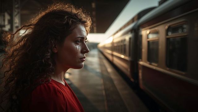 Woman standing on train platform at dusk with tear-streaked cheek, emotional farewell