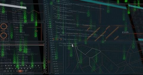 Dark cybersecurity hud showing code editor, wireframe map, streaming binary data