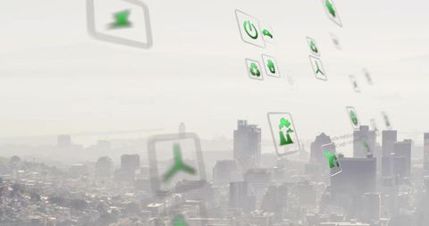 Floating interface icons representing green tech over urban skyline