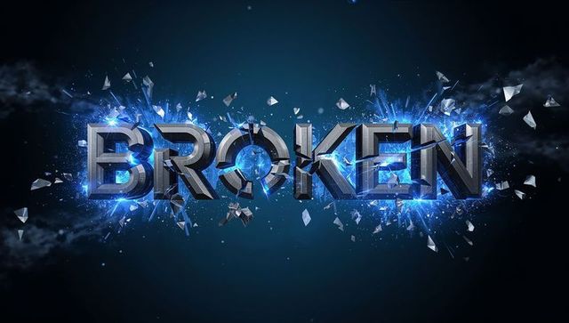 Shattering metallic broken typography exploding into blue neon shards and sparks