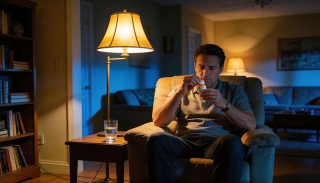 Middle-aged man reading prescription label in cozy living room at night