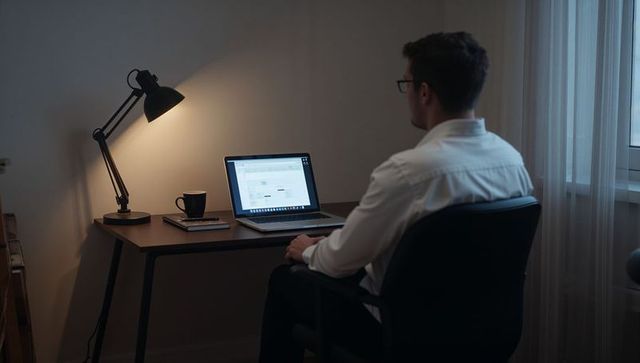 Evening home office worker typing on laptop at minimalist desk with warm desk lamp