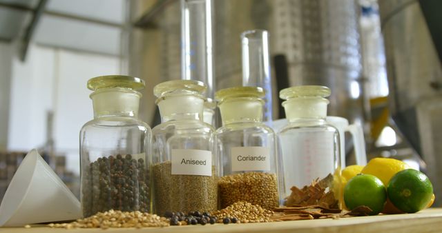This image shows various spices and ingredients in clear glass bottles, likely used in a lab or research environment. The spices are labeled aniseed and coriander along with citrus fruits in view. Ideal for use in articles about food science, research, culinary studies, or food safety.