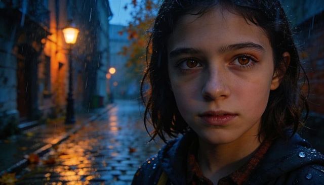Preteen girl standing on rainy cobblestone street at dusk glowing lamppost reflections