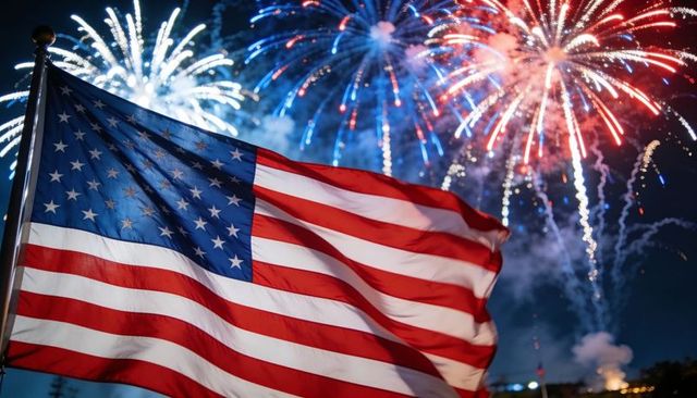 American flag waving with red blue fireworks display, smoke, independence day celebration