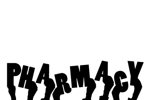 Pharmacy hands with medicine text on transparent background