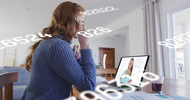 Image of numbers processing over women using laptop on image call in background. Digital interface global connection and communication concept digitally generated image.