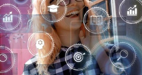 Smiling woman wearing glasses plaid shirt talking on phone with business education icons