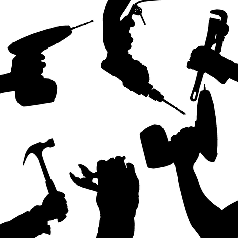 Silhouetted hands using tools on transparent background