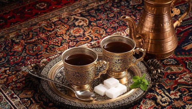 Ornate brass turkish coffee set resting on persian rug, engraved cups on decorative tray