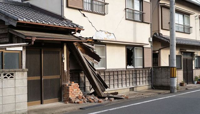 Collapsing awning and cracking facade on residential house with brick rubble