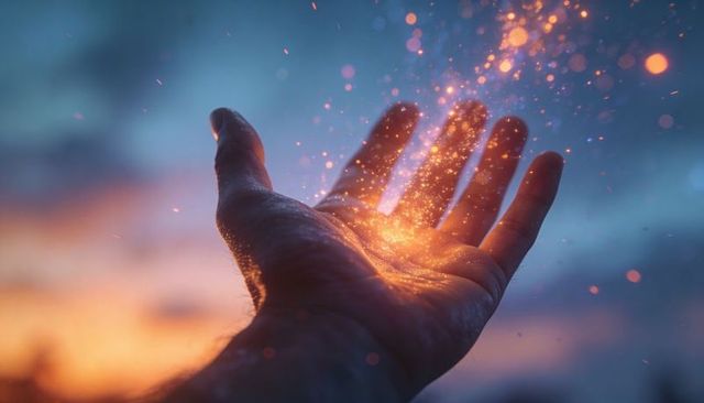 Hand releasing golden sparks at twilight, glowing palm with magical bokeh light aura