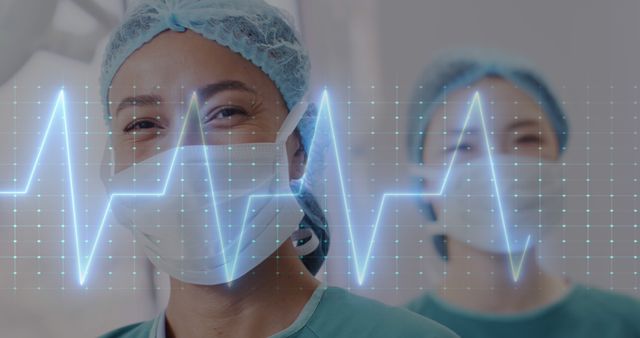 Medical Professionals Wearing Surgical Masks with Health Monitoring Graph Overlay - Download Free Stock Images Pikwizard.com