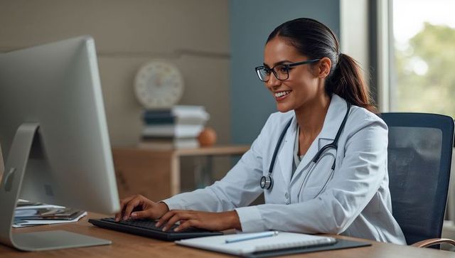 Female doctor typing on keyboard with stethoscope, smiling while working at clinic desk