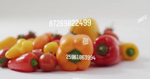 Orange Bell Pepper and Colorful Mini Peppers Flatlay on White with Numeric Overlay