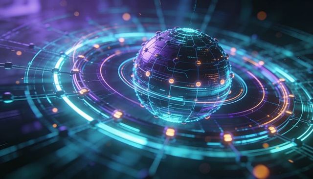 Neon holographic globe rotating above circuit rings for digital network visualization