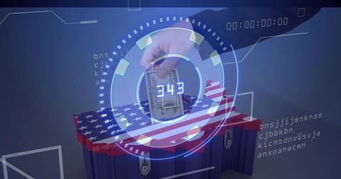 Right hand depositing us dollars into lockable us flag fund box with digital hud interface