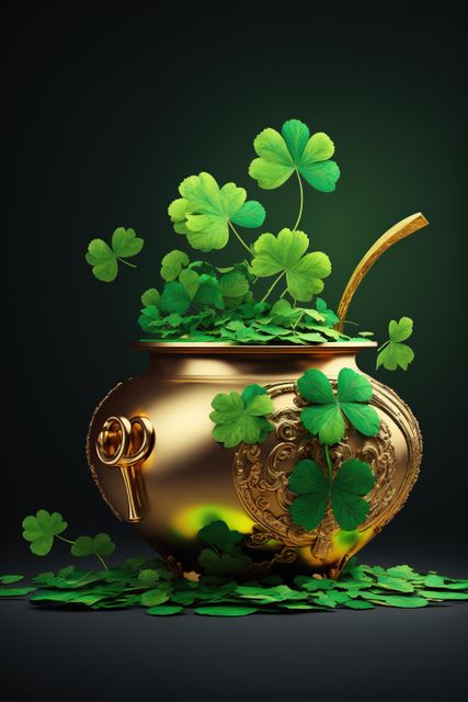 Gold pot spilling with green shamrock clover leaves on black, created using generative ai technology. St patricks day, irish tradition and celebration concept digitally generated image.
