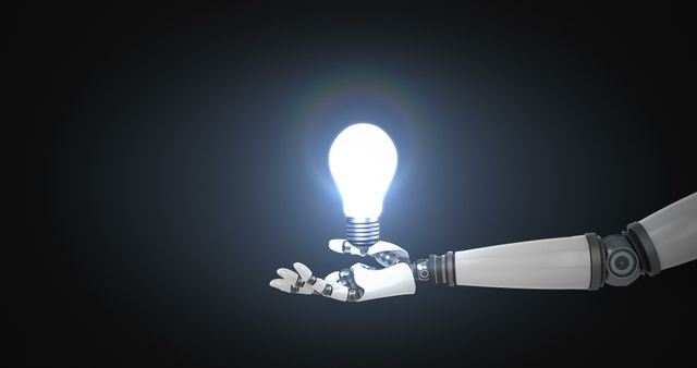 Robotic Hand Holding Illuminated Light Bulb on Dark Background - Download Free Stock Images Pikwizard.com