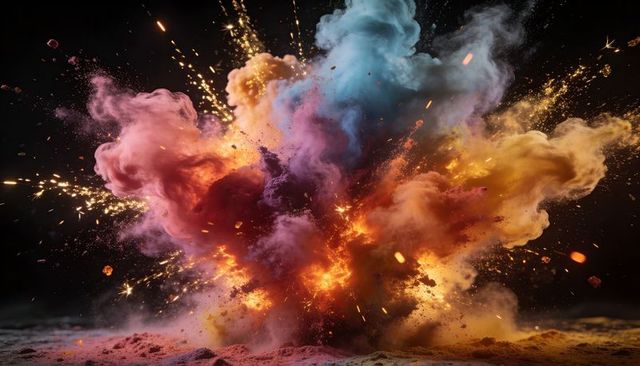Exploding Color Burst of Pigment Clouds Radiating Sparks and Ember Dust in Motion
