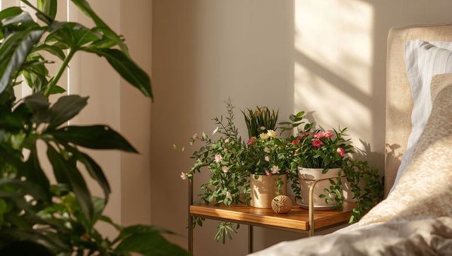 Cozy bedroom corner with potted flowering plants