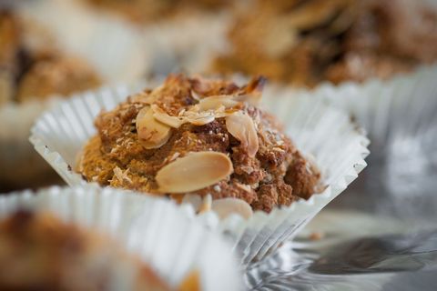 Close-up of freshly baked almond muffins on tray