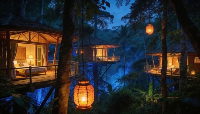 Glowing treehouse suites in tropical rainforest at twilight with lanterns and stilt balconies