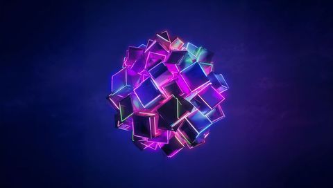 Neon-lit metallic cube cluster floating in dark studio with reflective faces and glow