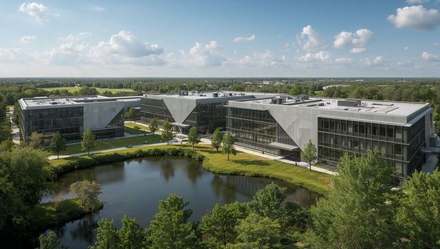 Aerial showing modern glass office campus with reflective pond and lush landscaping