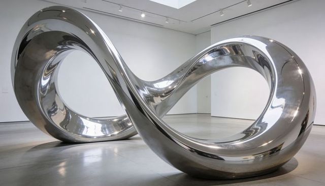 Polished stainless steel infinity sculpture reflecting gallery lights and skylight