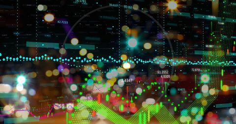 Data Analytics Vibrant Overlay on Downtown Skyline - Download Free Stock Images Pikwizard.com