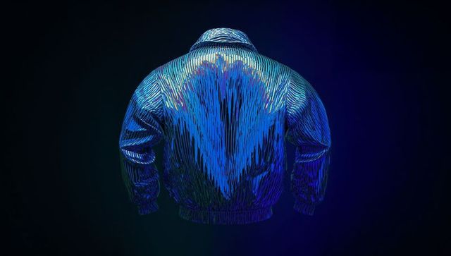 Floating iridescent blue bomber jacket rear view with shiny fiber texture and neon glow