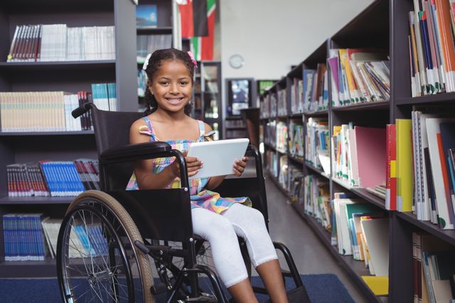 Portrait of girl on wheelchair smiling while holding digital tablet in library