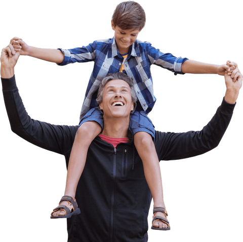 Transparent Image of Happy Father Giving Son Piggyback Ride Outdoors