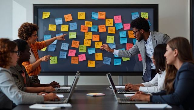 Team brainstorming moving colorful sticky notes on glass board for strategy planning