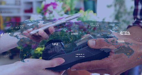 Digital payment exchange in retail shop with global connection overlay