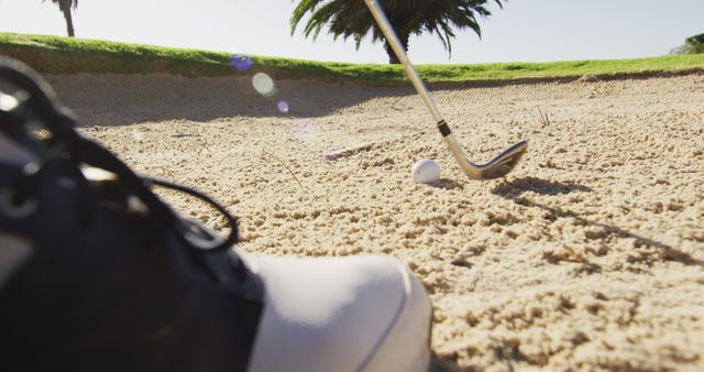 Image of foot of caucasian man playing golf on golf field. sporty, active lifestyle and playing golf concept.