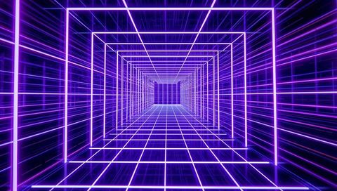 Entering neon grid tunnel leading to vanishing point with purple magenta cyberpunk glow