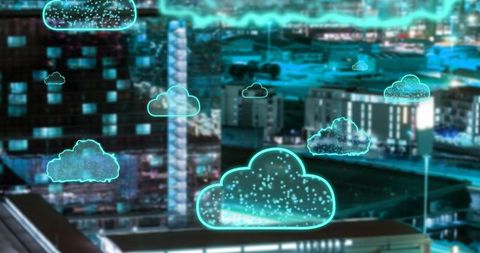 Futuristic Digital Cloud Network Above City Skyline
