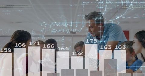Mathematical Equations Overlaying Teacher Guiding Students