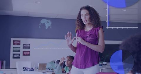 Teacher leads classroom with digital data visualizations