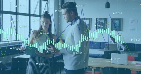 Coworkers Discussing Data with Overlay of Dynamic Graphs in Office - Download Free Stock Images Pikwizard.com