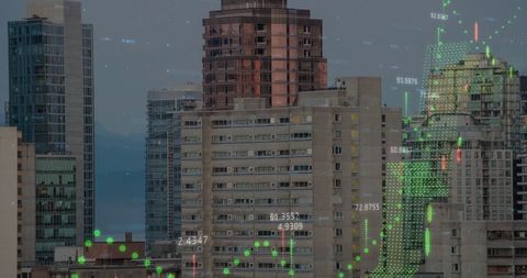 City Skyline Blended with Financial Data Graphs