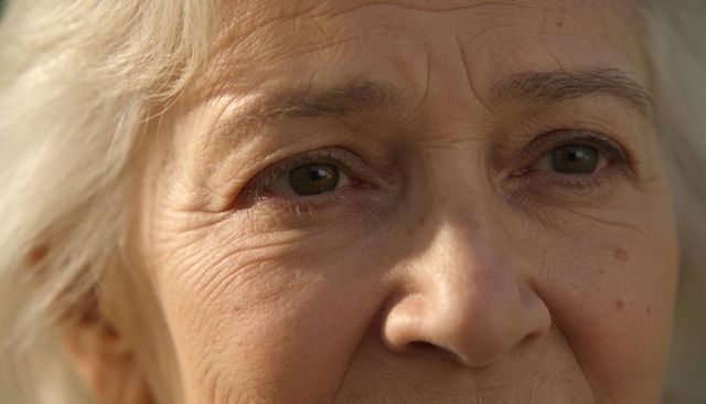 Gazing senior woman showing natural facial texture and fine wrinkles, closeup portrait