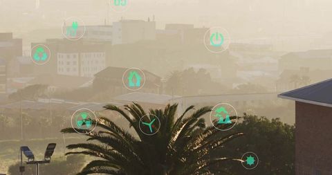 Sustainable urban landscape with renewable energy icons