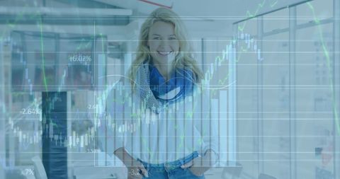 Businesswoman Analyzing Financial Market Data in Modern Office