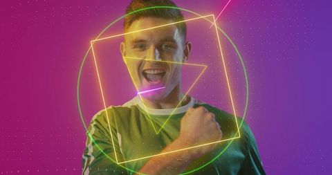 Man celebrating in digital neon overlay with dynamic energy