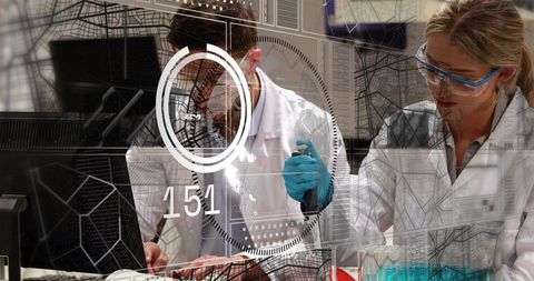 Female scientist pipetting over blue tubes while colleague working at computer, hud overlay
